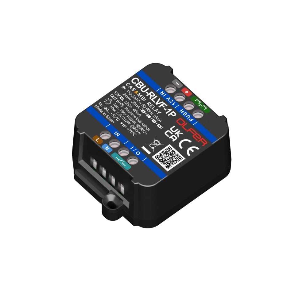 Bộ điều khiển on/off LED Casambi 1 ngõ ra 13A, 1 ngõ vào nút nhấn Olfer - CBU-RLVF-1P