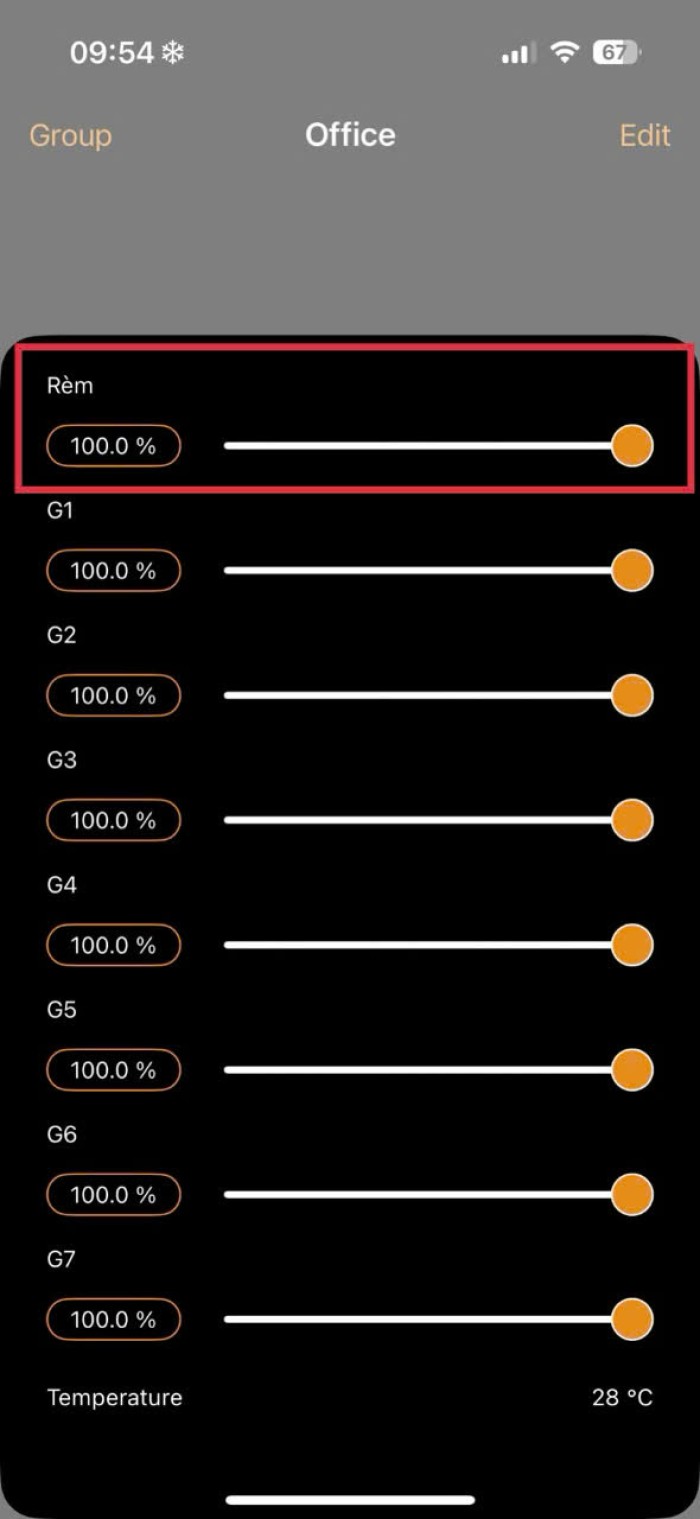Giao diện điều khiển rèm trong app Casambi