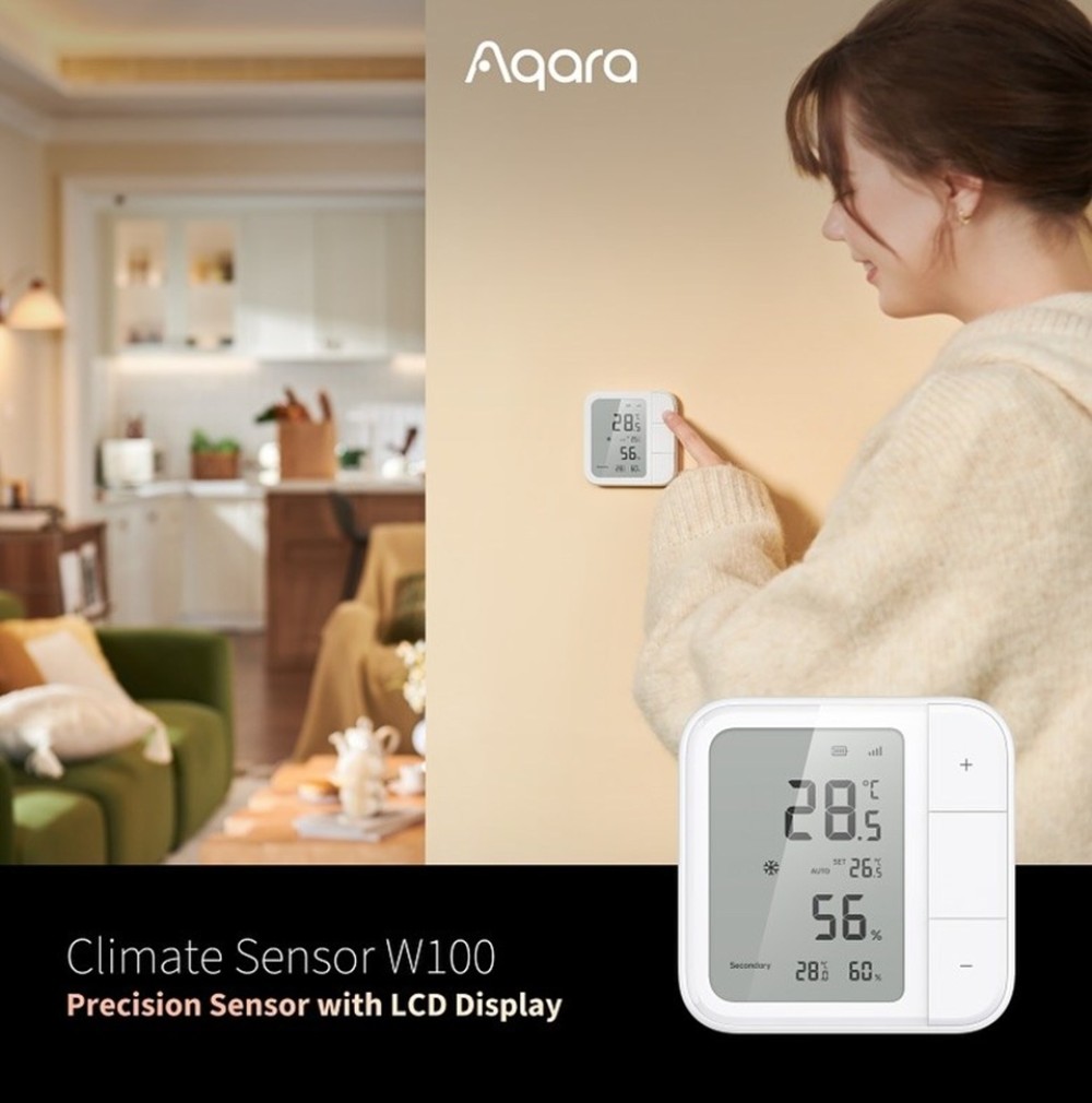 Cảm biến nhiệt độ và độ ẩm W100 Matter Aqara  được gắn trên tường