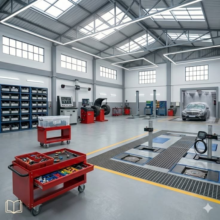 Nhà xưởng hiện đại: sàn epoxy, giếng trời trên mái, khu rửa xe và xưởng dịch vụ